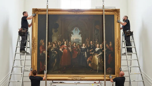 Professional heavy picture hanging service installing a large, framed artwork in Perth