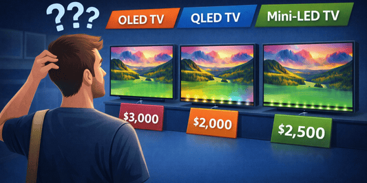 llustration of a man confused while choosing between OLED, QLED, and Mini-LED TVs that look similar but have different prices.