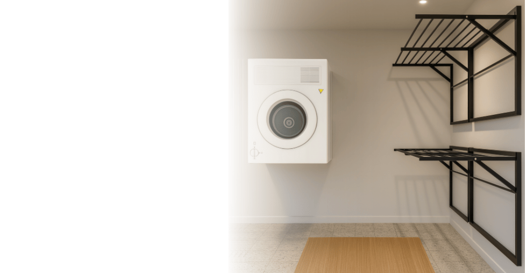 Wall-mounted dryer installation with folding Clothesline racks in a laundry room.